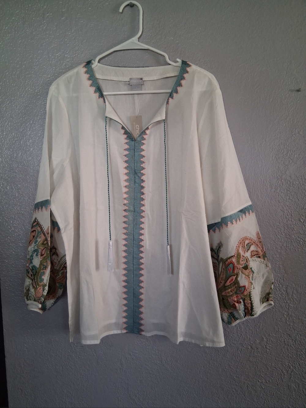 Chico's NWT Embroidered Peasant Top Novelty Blouse 3/4 Sleeve Paisley 4/20